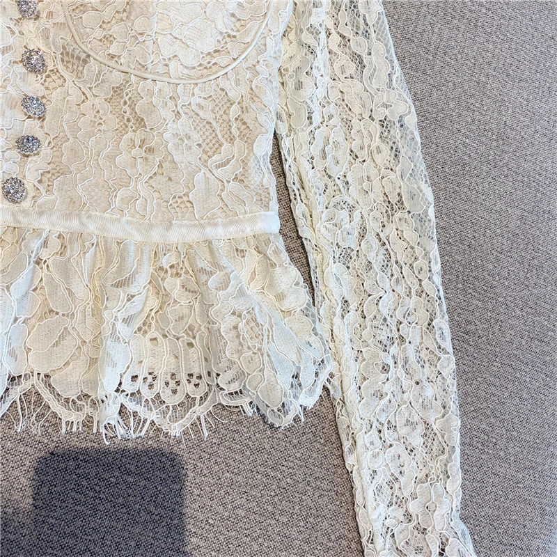 

QUALITY Newest HIGH Fashion 2021 Runway Top Women's V-Neck Lace With Rhinestone Buttons Shirt