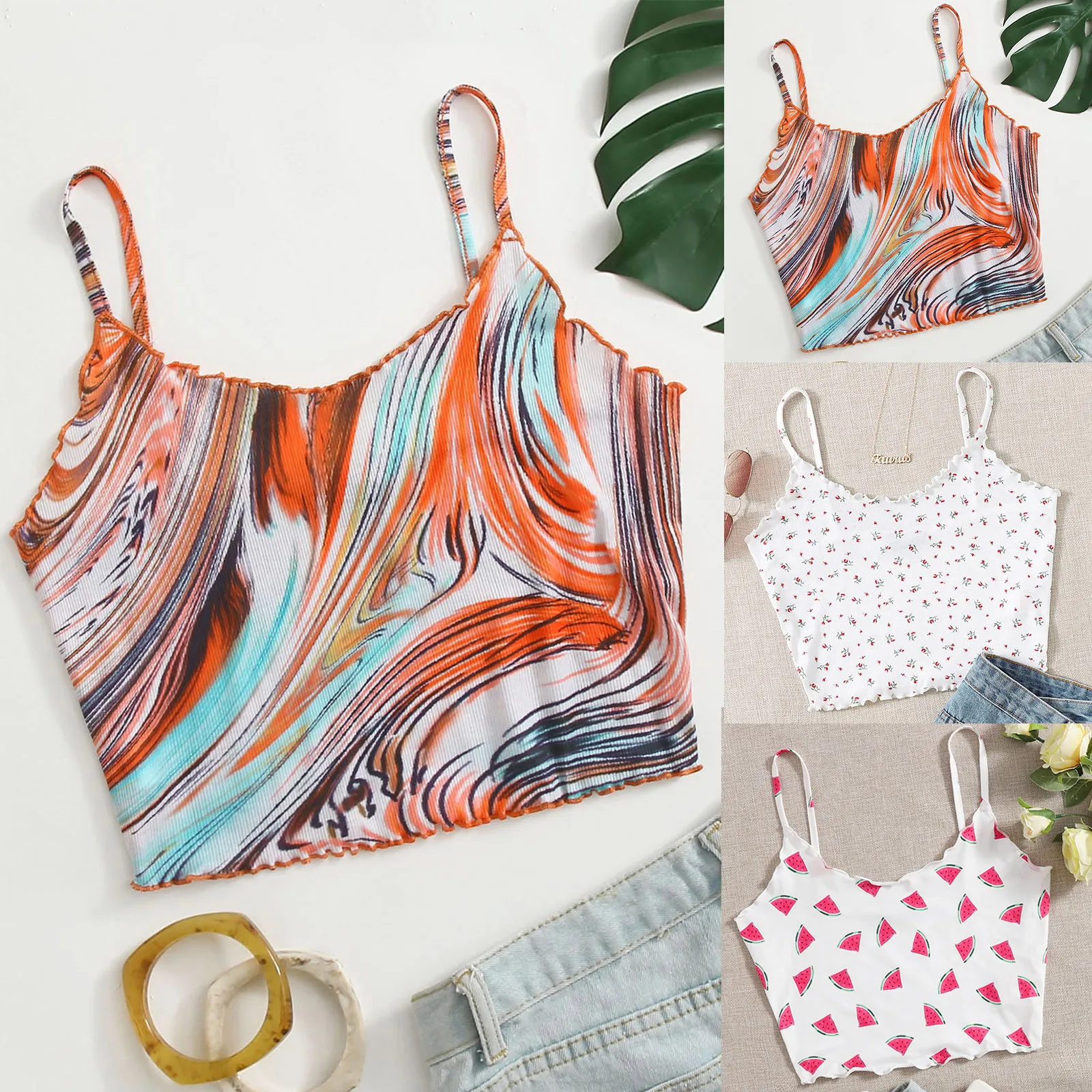 

Топ Женский короткий с цветочным принтом, укороченный топ без рукавов, простой милый стильный жилет на бретелях