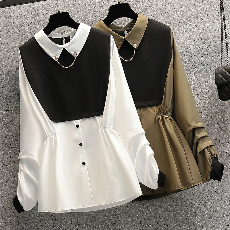 JSXDHK S-4XL Summer Autumn Fake Two-Piece Shirts Fashion Women Black White Patchwork Turn Down Collar Loose OL Blouses Female