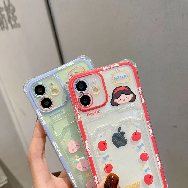 Cute Girl Cartoon Rabbit Shockproof Clear Phone Case For iPhone 11 12 13 Pro XS Max X XR 7 8 Plus Soft Wallet Cover Card Holder