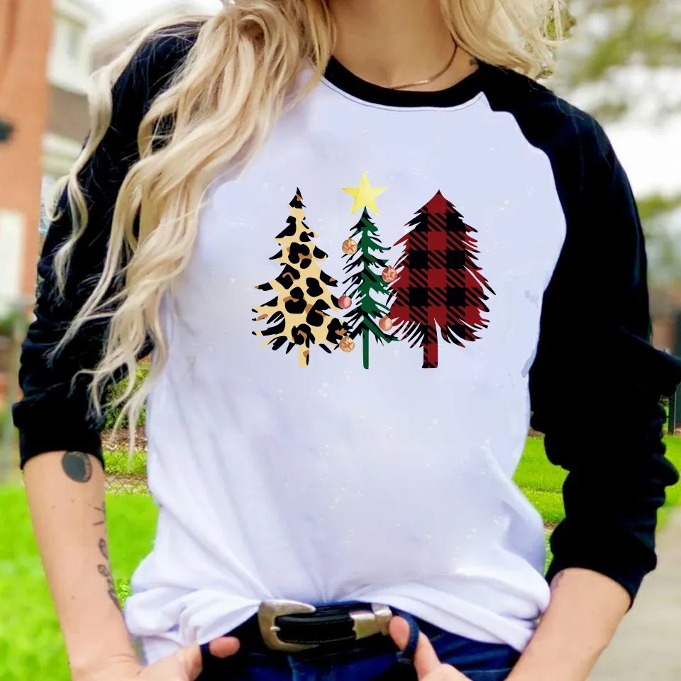 

Long Sleeve New Year's T-shirts Woman Winter Christmas Clothes Leopard Plaid Printed Patchwork Top Raglan Unisex