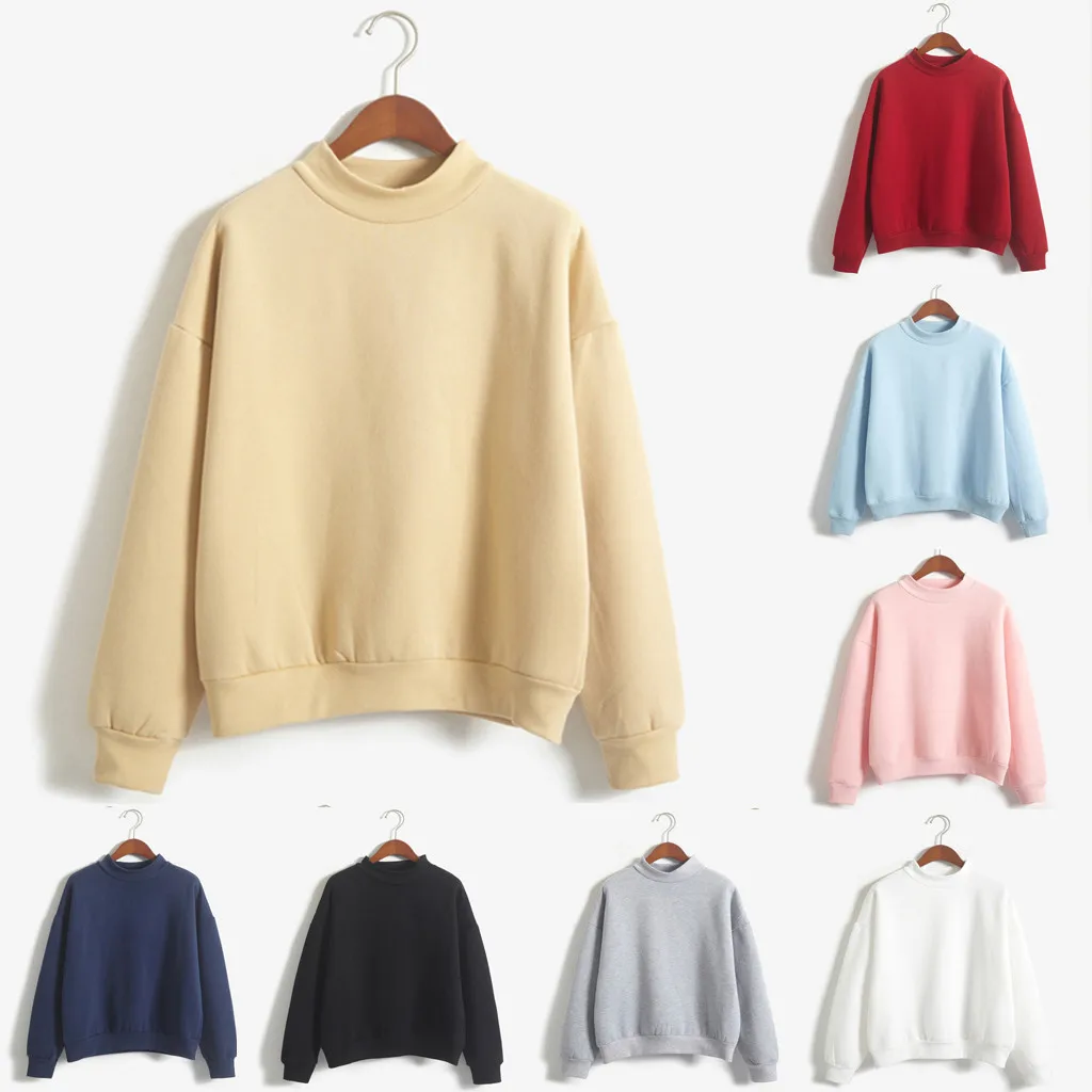 

2020 Fashion Sweatshirts Women O-Neck Hoodies Solid Color Turtleneck Long Sleeve Plus Velvet Sweatshirt Top Sudadera Mujer
