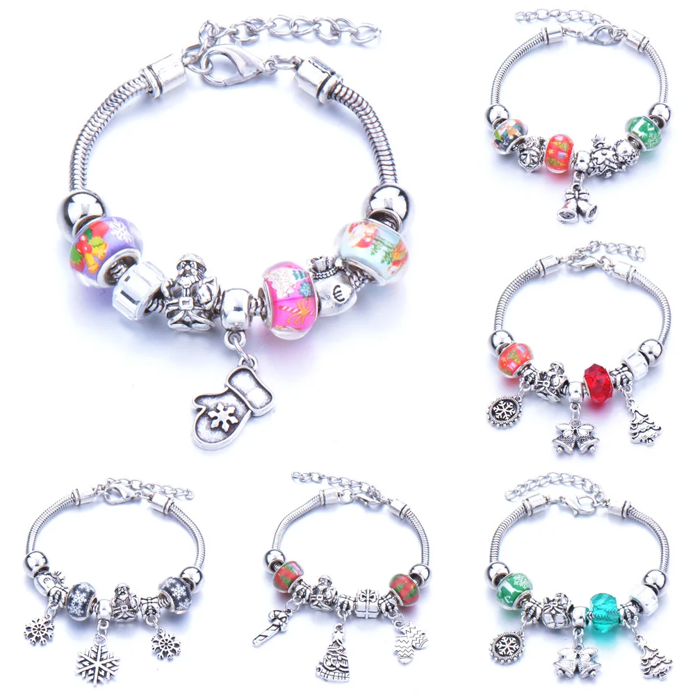 

2021 latest hot sale crystal bead beaded bracelet bell snowflake diy christmas gift glazed bead bracelet Pandora-style