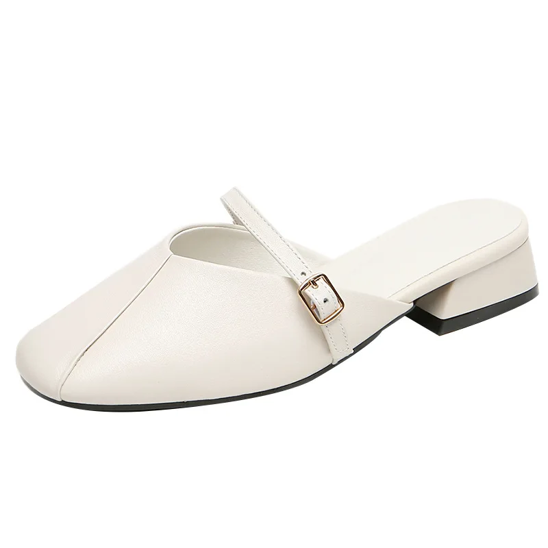 

Grain Leather Fluffy Muller Lazy Sandals Shoes Fashion Square Toe Women Slippers Size 35-43