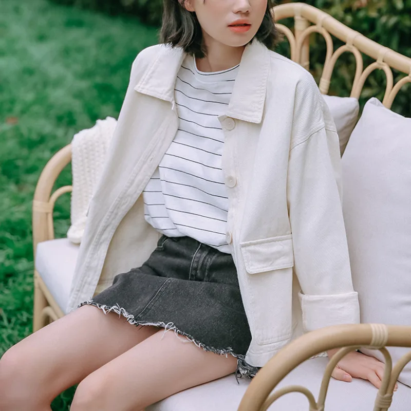 

PEONFLY Fashion Women White Denim Jacket Spring Autumn Basic Jeans Coat Female Casual Single Breasted Pocket Outwear Laides