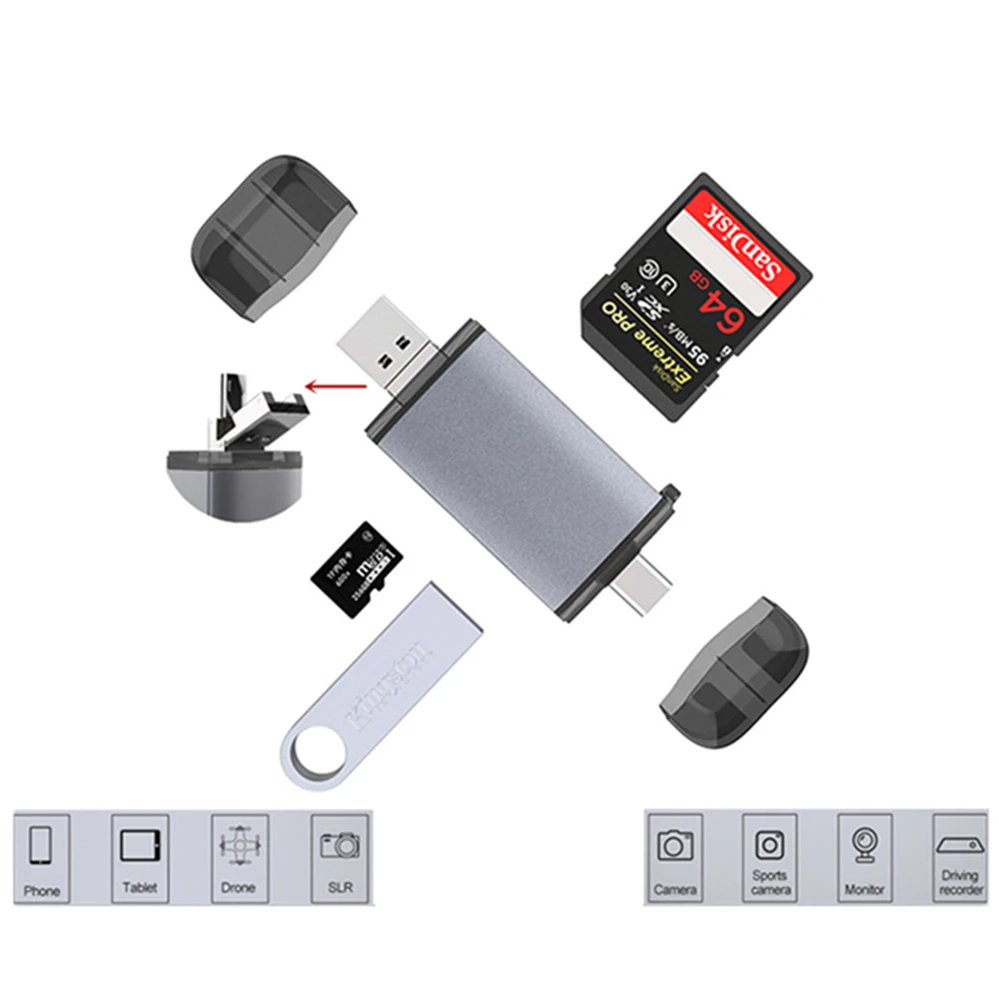 Кардридеры PzzPss OTG 6 в 1 устройство для чтения карт памяти USB Type-C/MicroUSB/USB2.0/TF/SD