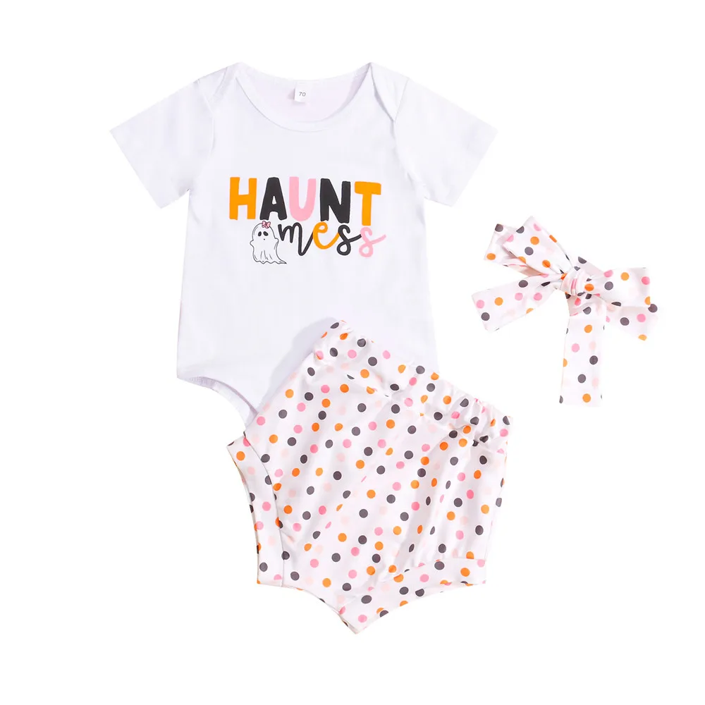 

Боди с надписью для маленьких девочек, комбинезон, шорты в горошек, повязка на голову для новорожденных 0-24 месяцев, праздничные наряды для н...