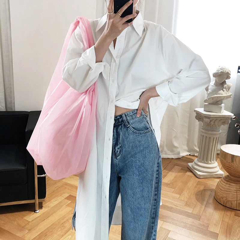 

Loose Fit Shirt Fashion Tide Spring Autumn 2021 Women White Blue Brief Big Size Long Blouse New Lapel Long Sleeve