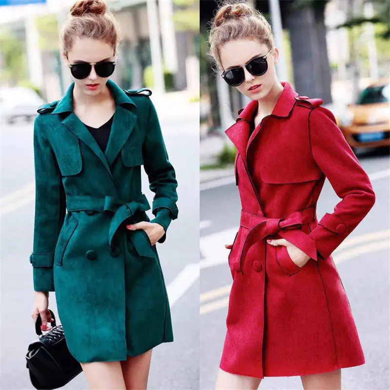 Женский Тренч средней длины из искусственной замши роскошное женское облегающее
