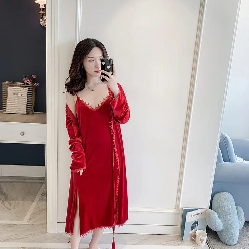 Осень новый золотой бархат чистый цвет 4 шт женский халат комплект согреться 2