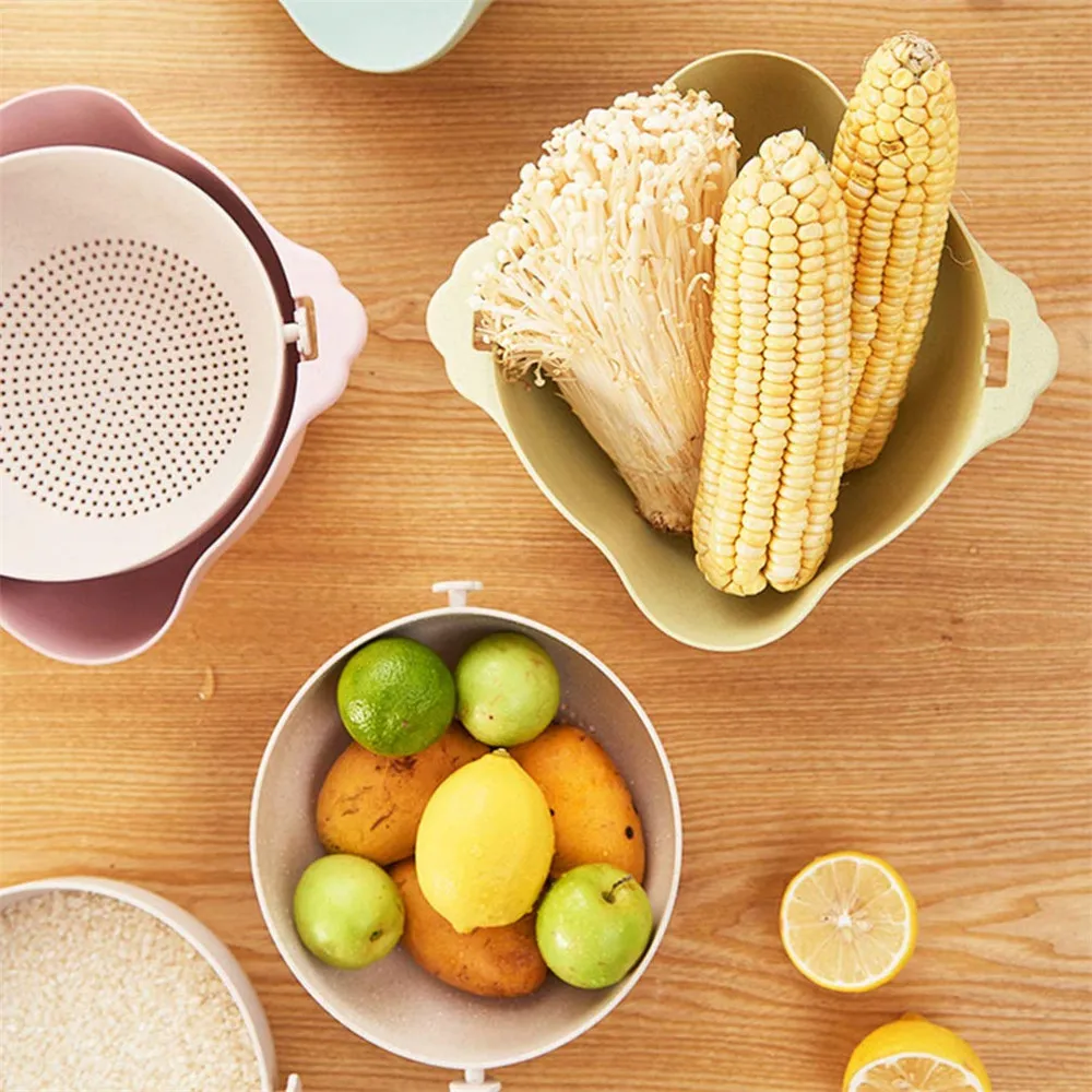 

Drain Basket Double-Layer Plastic Food Strainer Fruit Wash Colander Bowl Rice Sieve Vegetable Drain Basket Kitchen