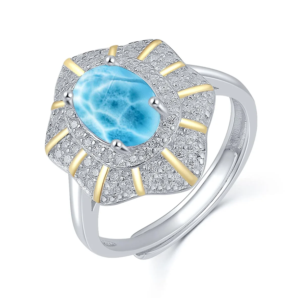 

1.25ct Oval cabochon larimar ring dominican republic Two Tone Plated with 14K Yellow Gold Plated Silver Natural Larimar Ring