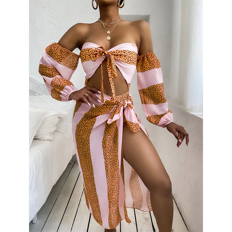 Women Sexy Tie-dye Beach Bikinis Set Summer Female Long Sleeve Dot Striped Print Onesuit and Skirt 2 Piece Sets Swimming Suit