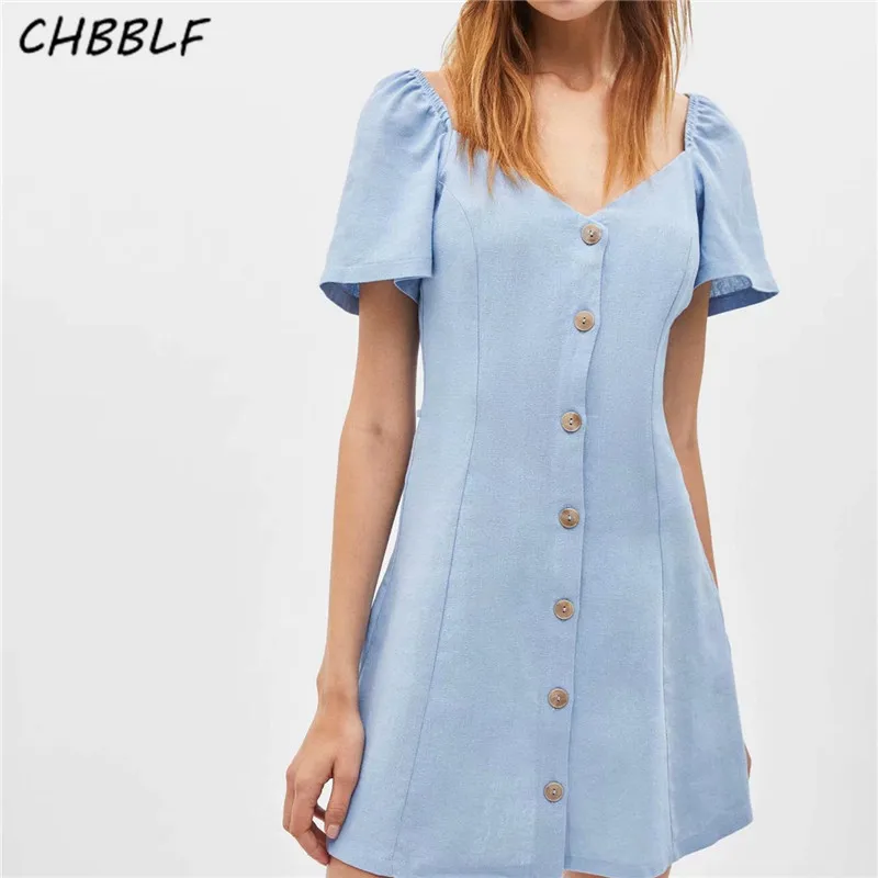 

CHBBLF женское сексуальное мини-платье с V-образным вырезом с коротким рукавом, женские повседневные дизайнерские платья на пуговицах, летние ...