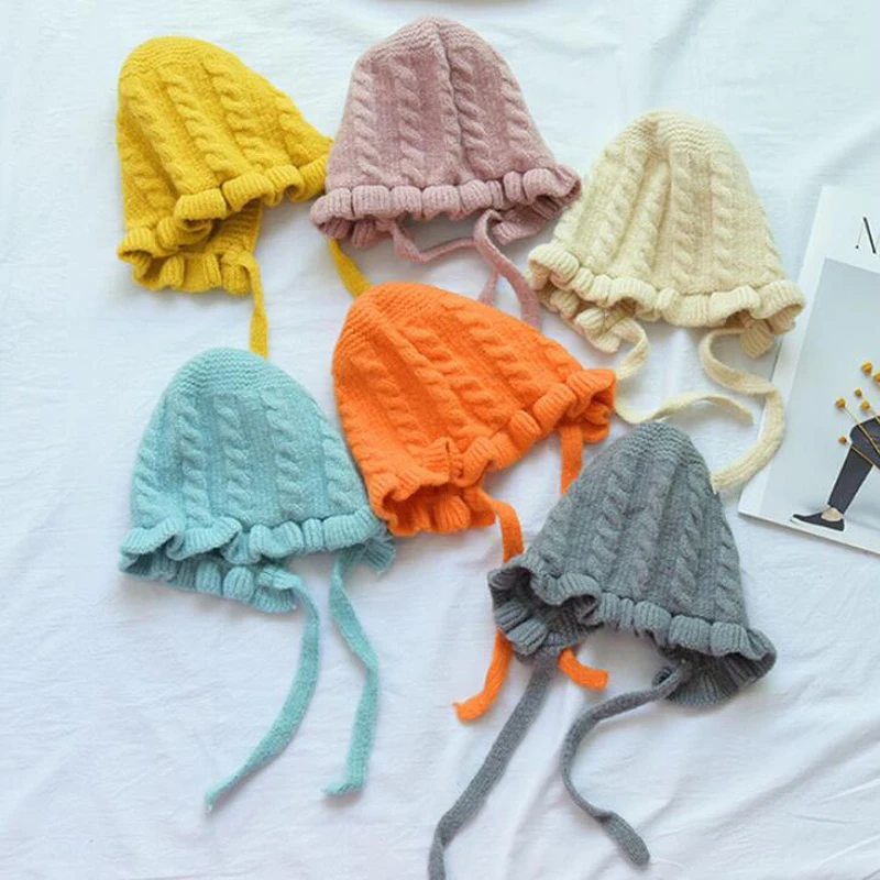 

Baby Girl Hats Fashion Ruffled Windproof Baby Girl Caps solid Knitted Children's Hats For Autumn Winter 9 Color