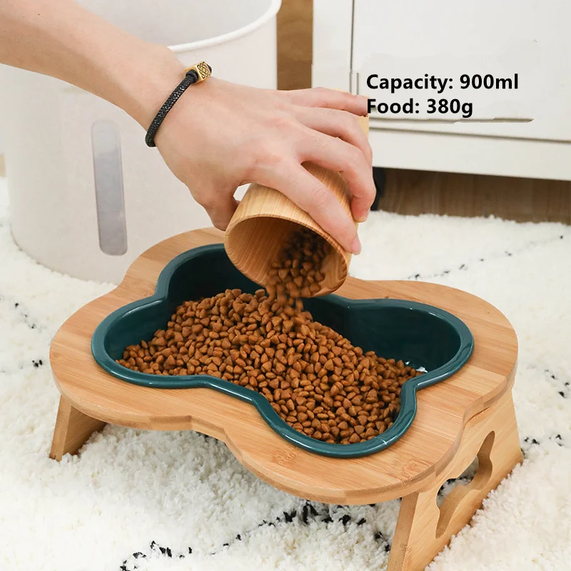 

New Bone Partten Bowls Bamboo Pet Table Ceramic Bowl Anti-Slip Tilted Station for Cats and Dogs Food Drinking Pet Feeder