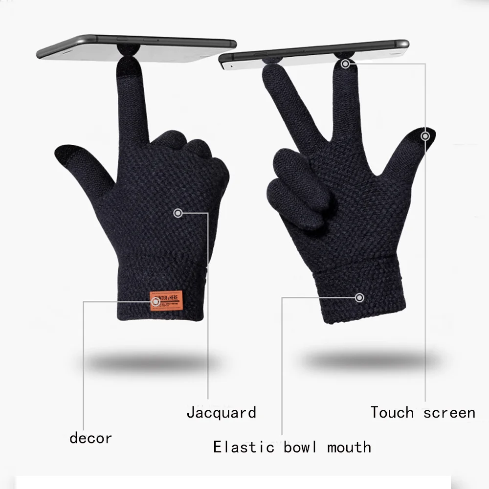 

2021 New Delicate Knit Gloves Men Women Winter Touch Screen Simple Solid Color Warm Wool Gloves Unisex Velvet Mittens