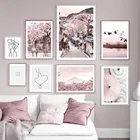 Розовая Гора Фудзи, зонты, уличные журавли, озеро, олень, настенный художественный принт, Картина на холсте, скандинавский постер, декоративные картины для гостиной