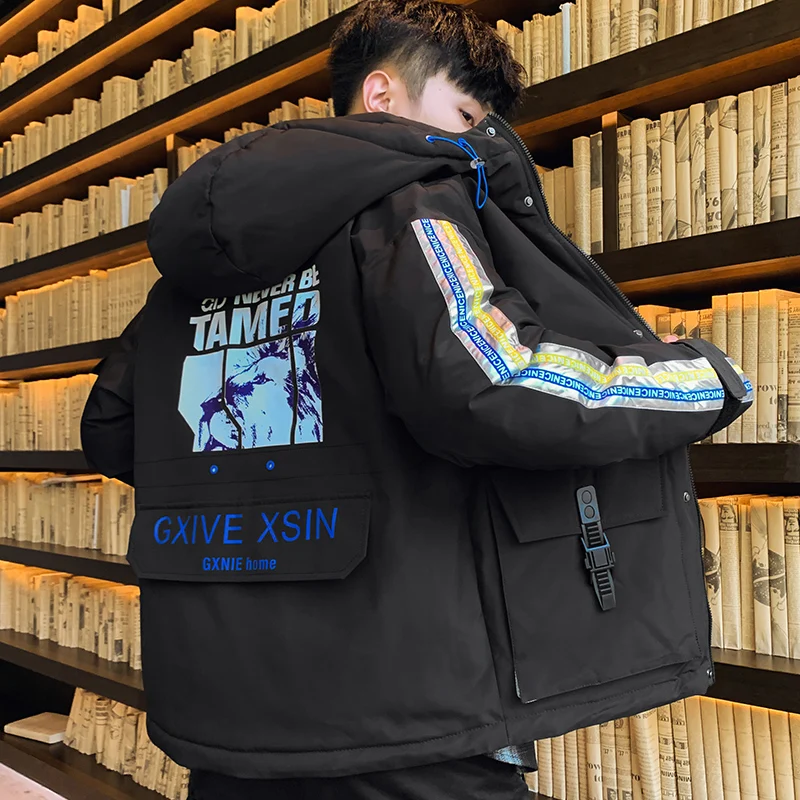 Winter Men's Coat Cotton Coat New Korean Style Slim-Fit Hoodie Trendy Padded down Jacket Warm Top