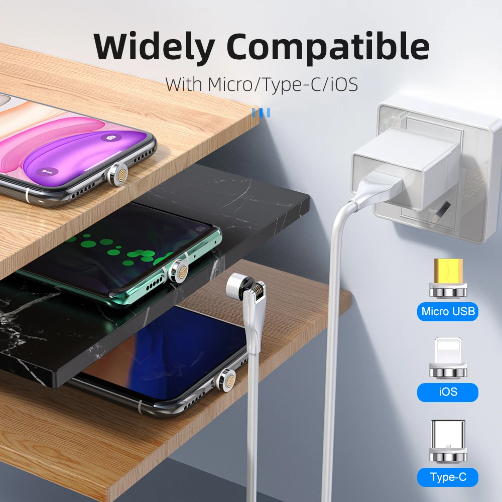 

YKZ 540 Degree Rotation Magnetic USB Charger Cable for iPhone Micro USB Cable Type C Magnet 3A Fast Charging For Samsung Xiaomi