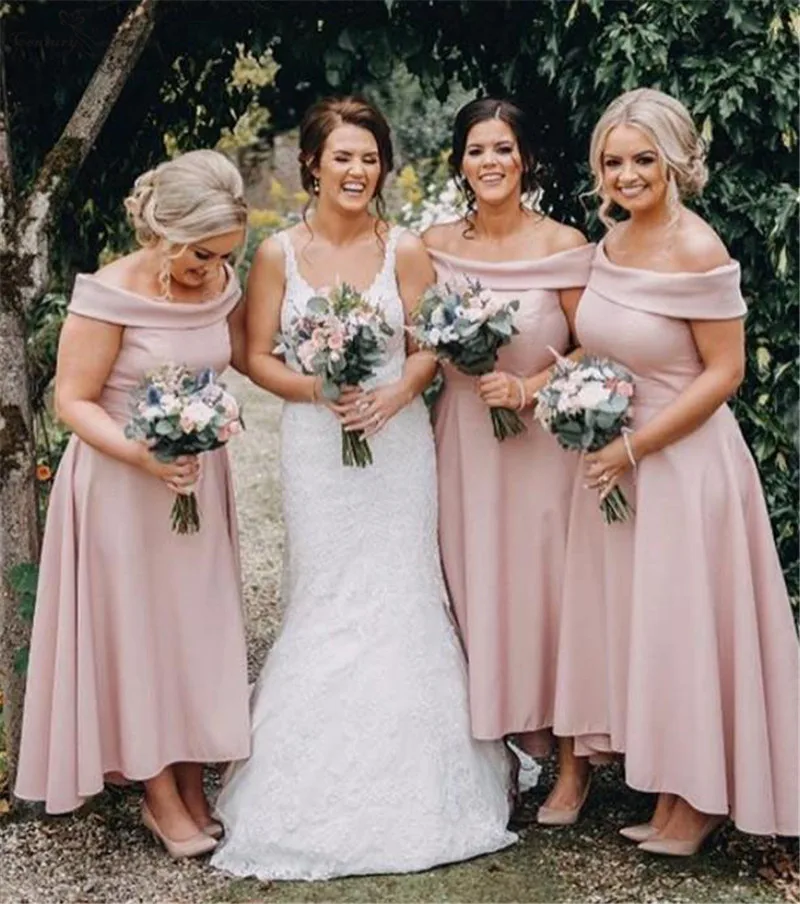 

Pink Bridesmaid Dresses 2020 Ankle Length Simple Satin Hi-Lo Wedding Guest Party Gowns Off Shoulder Maid Of Honor Dress Cheap