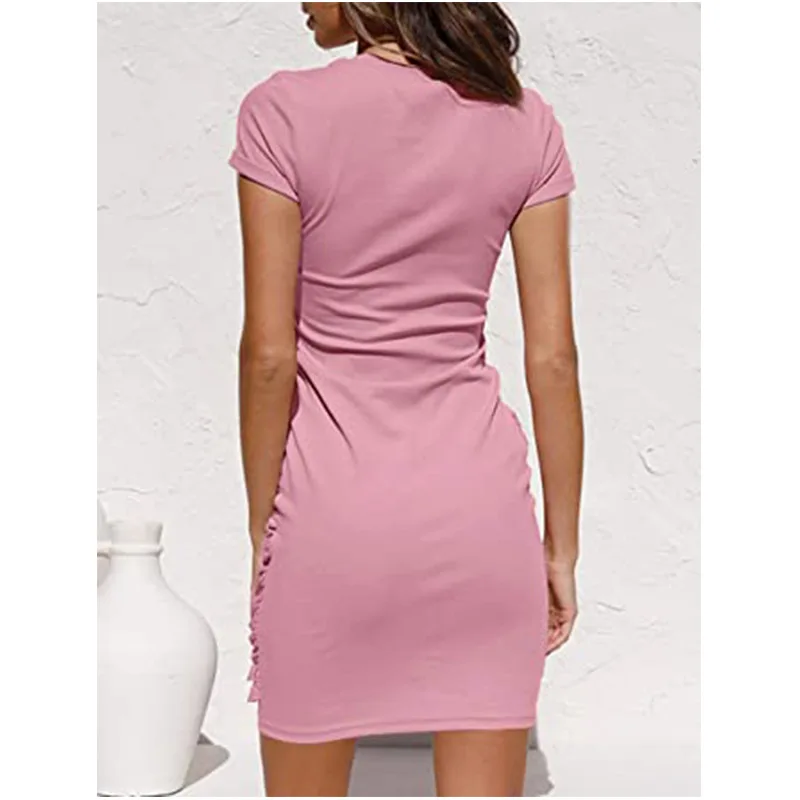 

2021 European and American pop short-sleeved round neckline pleated bow belt irregular dress