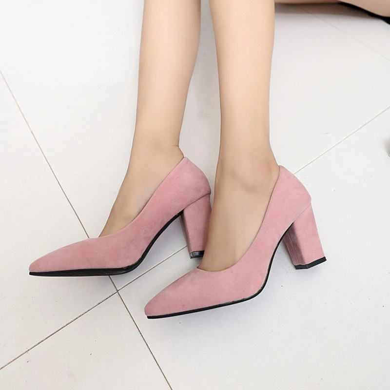 

Shoes Square Heel Women Pointed Toe Pumps Fashion Gray High Heels Flock Leather Black Party Shoes zapatillas mujer