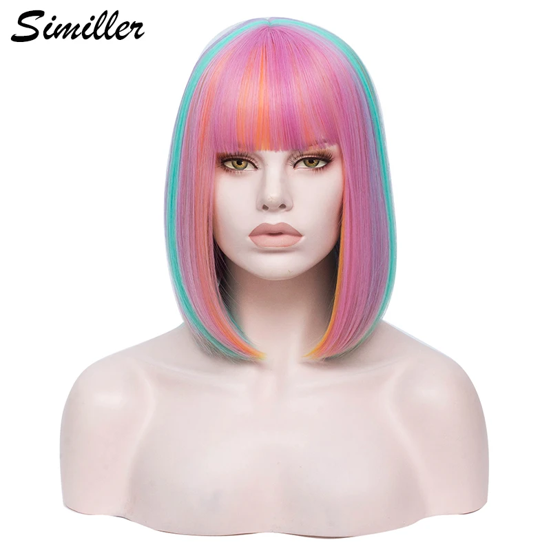 

Similler Women Synthetic Wig Straight Hair High Temperature Fiber Bob Wigs for Cosplay Pink Blue Red Mixed Colors