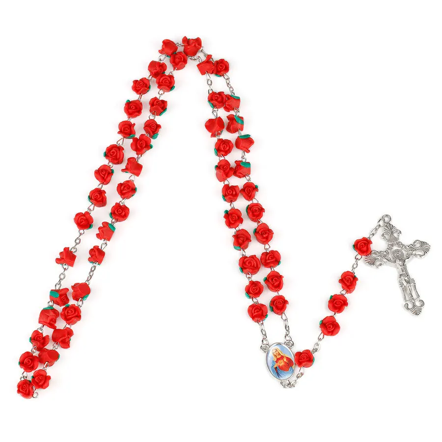 

New Arrival 8mm Polymer Clay Rose Beads Rosary Catholic Necklace With Holy Soil Medal Crucifix Prayer Religious Cross Necklaces