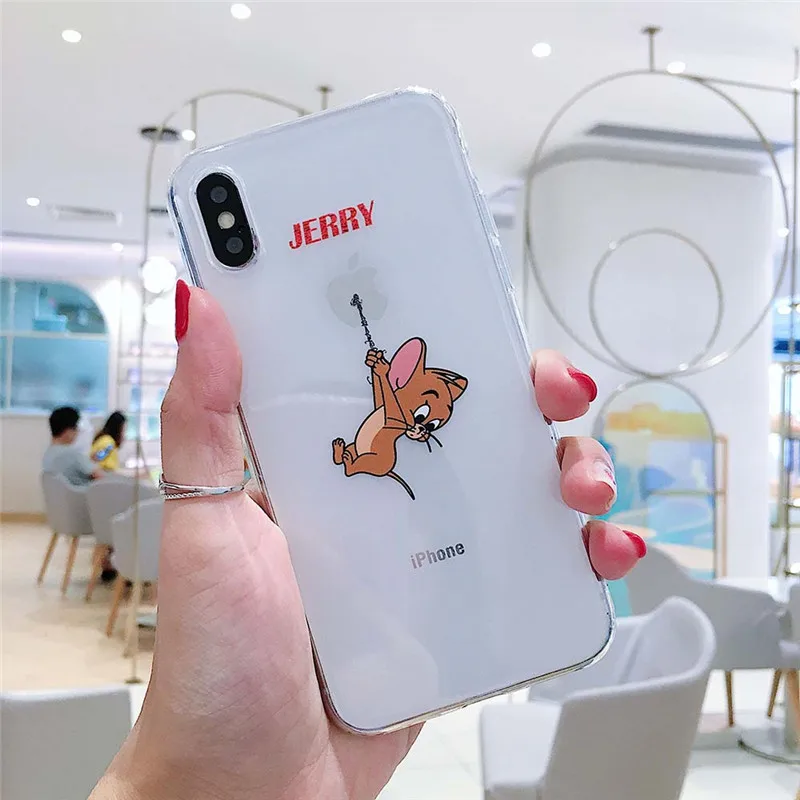 Чехол для телефона с мультяшным котом и мышкой для iphone 11 Pro MAX X XS MAX XR 7 6 6S 8 Plus, мягкий прозрачный чехол из ТПУ с забавным шнурком том Джерри