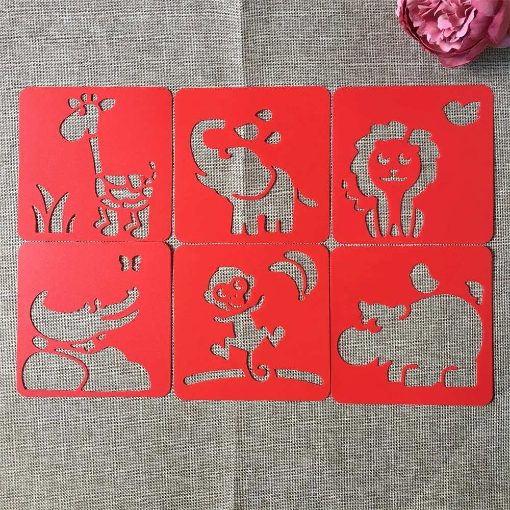 

6Pcs/Set 14*14cm Zoo Elephant Lion DIY Layering Stencils Wall Painting Scrapbook Coloring Embossing Album Decorative Template