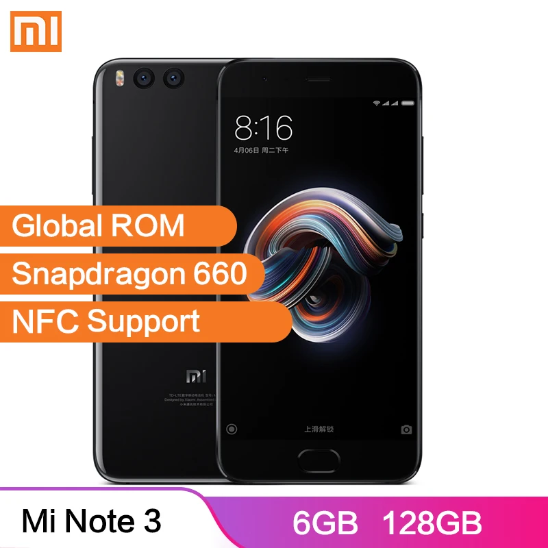 Глобальный Встроенная память Xiaomi Mi Note 3 смартфон 6 ГБ 128 Snapdragon 660 NFC 12MP+ 12MP двойной Камера 4 боковых изогнутых Стекло мобильного телефона