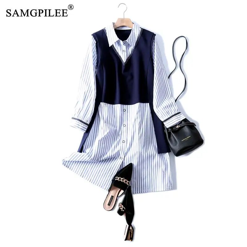 

Elegant Dresses For Women Casual Plus Size Dress A-line Striped Full Sleeve Knee-length Turn-down Collar Winter Dress Woman 4XL