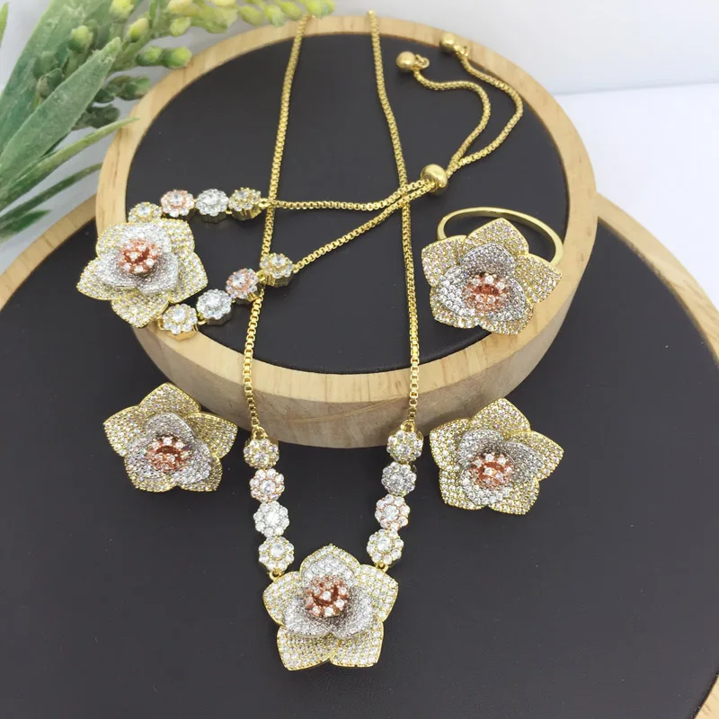 

Lanyika Fashion Jewelry Set Graceful Wintersweet Micro Inlay Necklace with Earrings, Bracelet and Ring for Wedding Popular Gifts