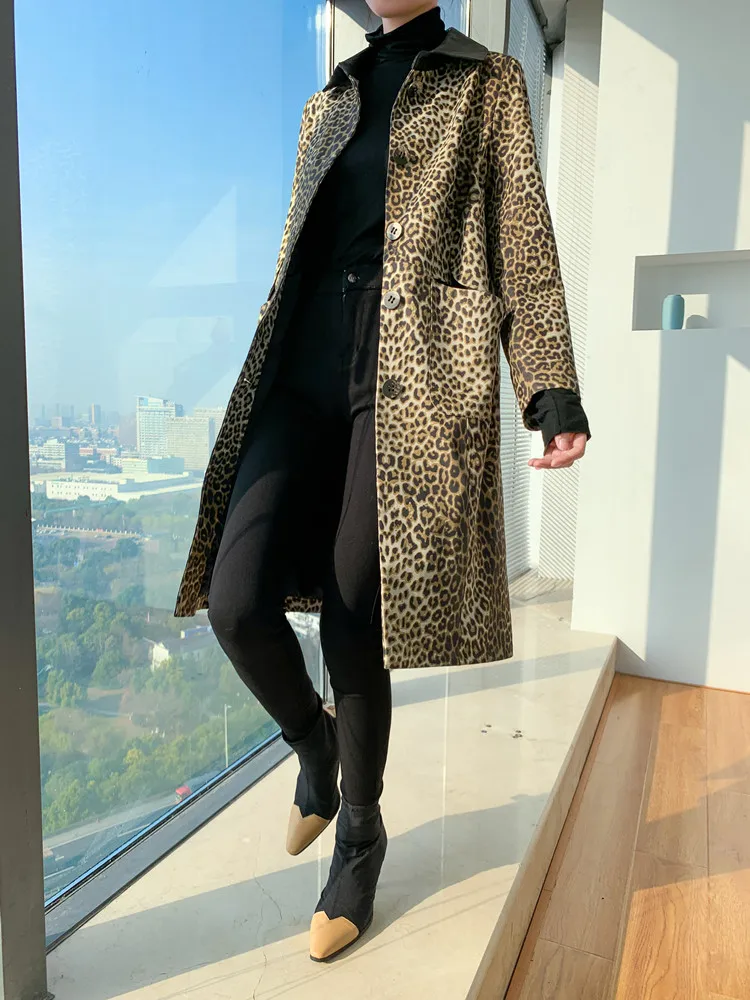Real 2020 Jacket New Women Genuine Cow Leather Coat Long Leopard Windbreaker Spring Fall Cowhide Luxury Jackets KJ5525 | Женская одежда