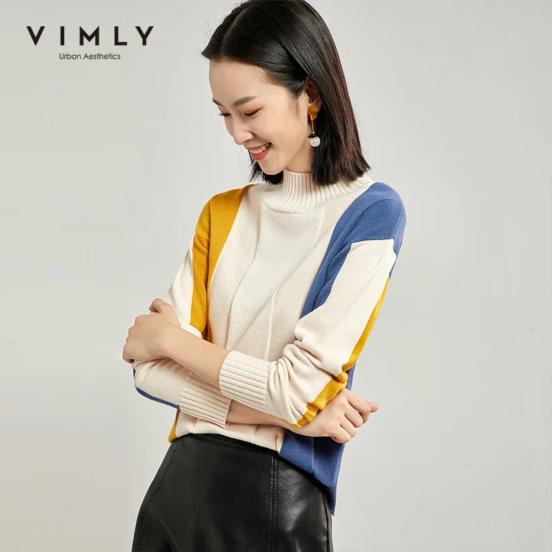 Vimly толстый свитер для женщин в полоску вязаный с высоким плотно облегающим шею