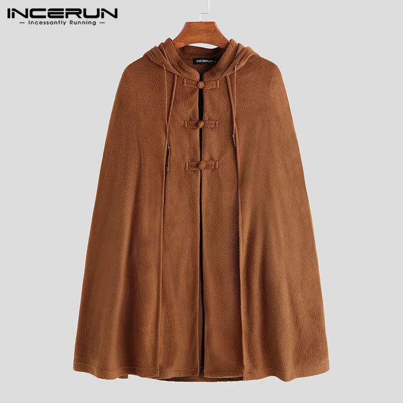 

INCERUN Men Cloak Coats Vintage Hooded Cape Solid Ponchos Loose Button Fleece Autumn Winter Retro Casual Mens Trench Streetwear