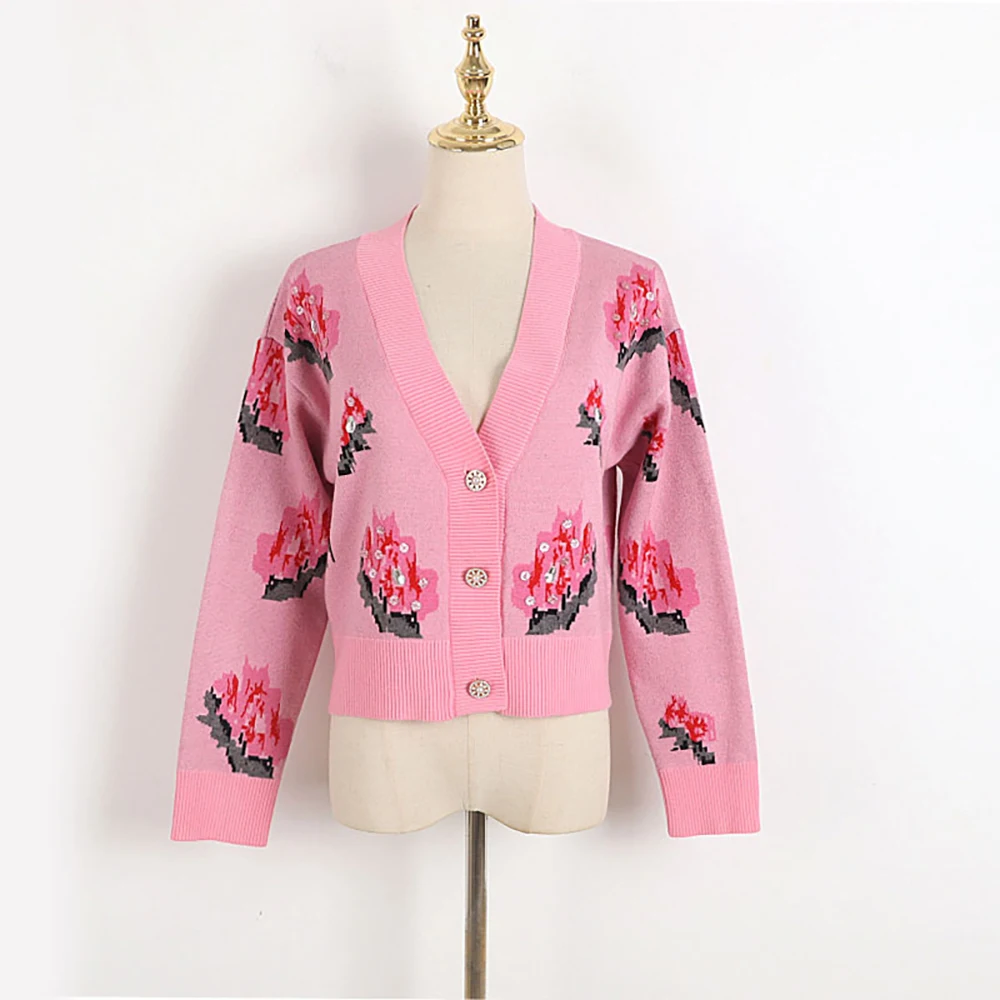 

Preppy Style V-Neck Knitted Cardigan Women's Loose Coat Autumn And Spring Rose Jacquard Sequin Rhinestone Sweater