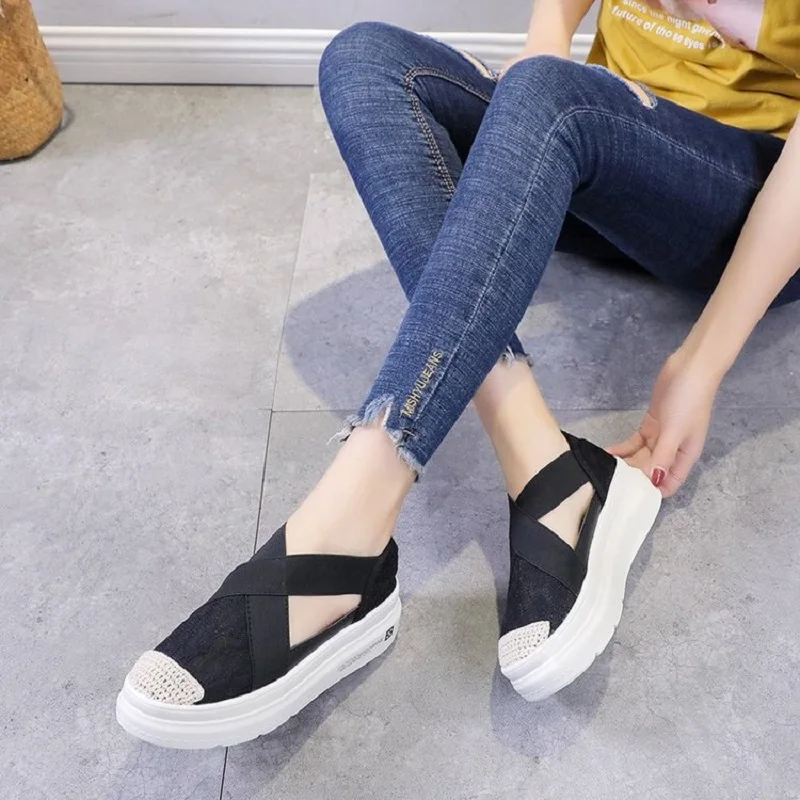 

My-Love 2020 Summer Woman Sandals High Heeled Platform Elastic Gladiator Wedge flat Breathable lace Increased Shoes