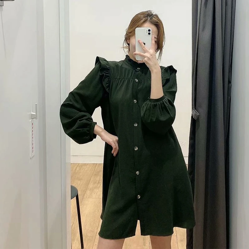 ZA 2020 new women Retro Casual lace decoration Lantern SleeveElegant Ruffled Dresses Ladies Loose Vestidos Dress | Женская одежда