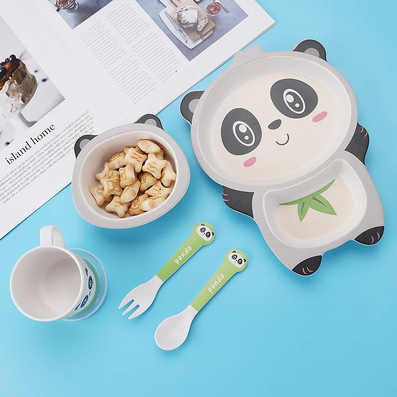 

5pcs Baby Tableware Set Animal Kids Dishes Plate Bowl Spoon Fork Cup Antifall Solid Food Self Feeding For Children Creative Gift