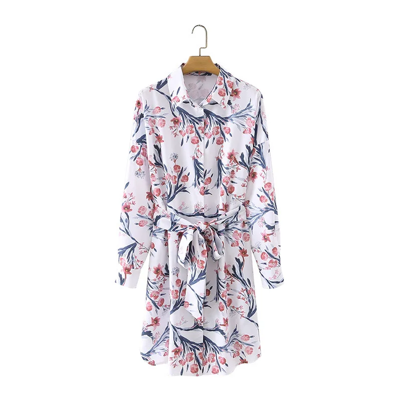 

Fashion 2021 New Summer Casual White Floral Shirt Dress Ladies All Match Long Sleeeve Lace Up Print Long Dresses For Women