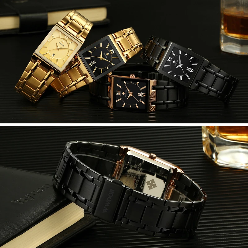 

WWOOR Brand Luxury Mens Watches Square Quartz Analog Gold Stainless Steel Waterproof Rectangle Male Wrist Watch Golden for Men