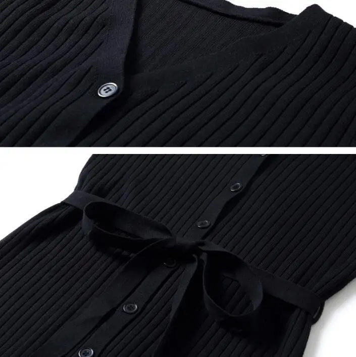 

2020 New Autumn Winter Knitted Sweater Dress Women Single Breasted Runway Designer Slim Sexy V Neck Elegant Ladies Long Dresses