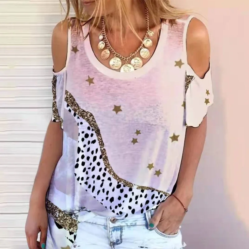 

Summer Casual Patchwork Leopard Loose Tops Sexy Off Shoulder Sleeve Women Shirts Fashion O-Neck Blouse Female Loose Streetwears