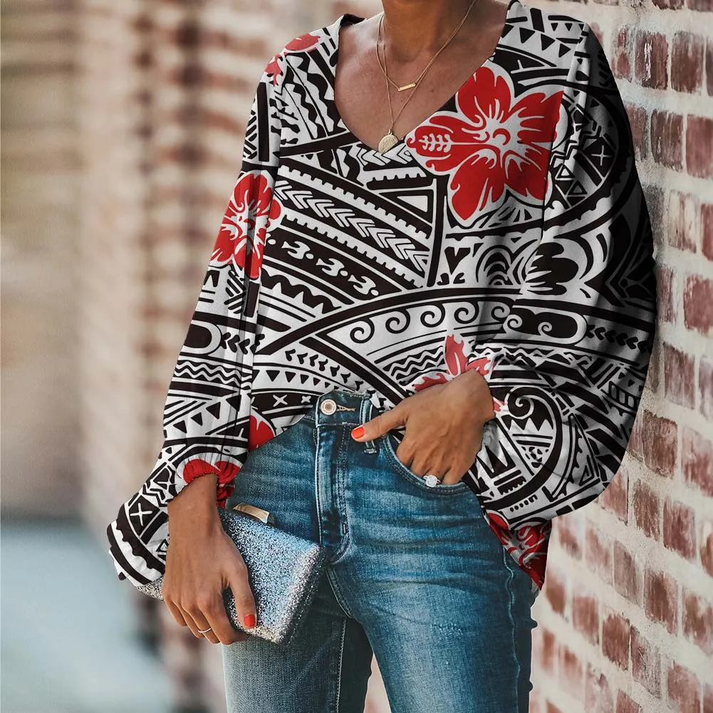 

Brand New Custom Women's Lightweight Shirt Polynesian Tribal Black and White Background With Hibiscus Prints Oversize Shirt