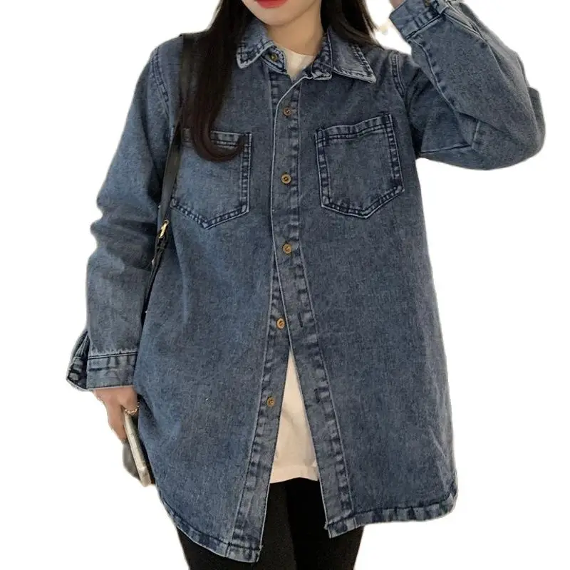 

Повседневная Универсальная джинсовая рубашка, новинка весны 2022, джинсовая рубашка в стиле ретро, укладываемые топы, модная женская одежда