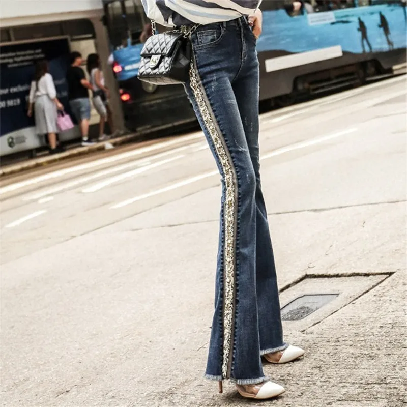 

Women Boot Cut Trousers Casual Stretch Skinny Bell Bottom Denim Pants Streetwear Plus Size Fringed Pearl Embroidered Flare Jeans