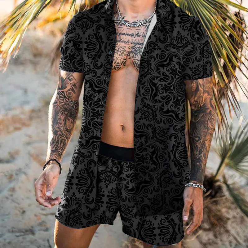 Men's Summer Large Size Fast Dry Casual Loose Fashion Black Print Hawaiian Beach Style Shorts Short Sleeved Shirt Set