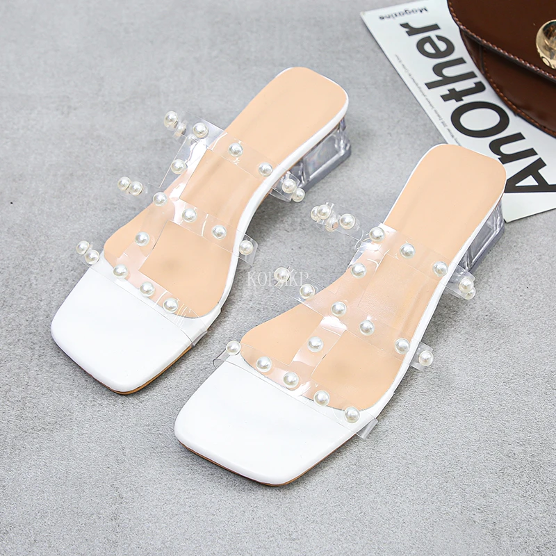 

Сандалии женские на высоком прозрачном каблуке, ПВХ, Босоножки с открытым носком, повседневная обувь с жемчугом, модные тапочки, лето